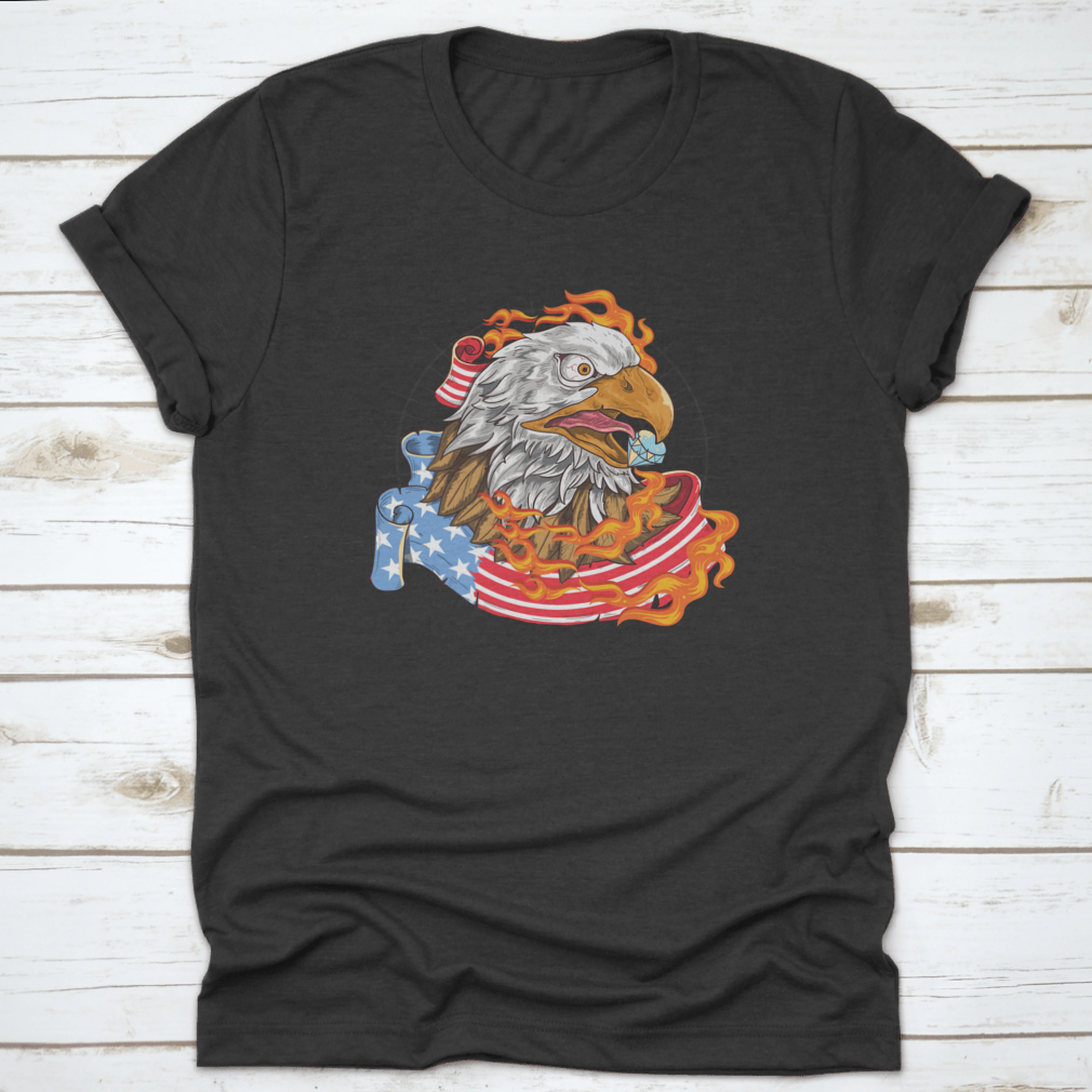 A stylish t-shirt featuring a flaming eagle with a diamond on its beak, showcasing a patriotic design.